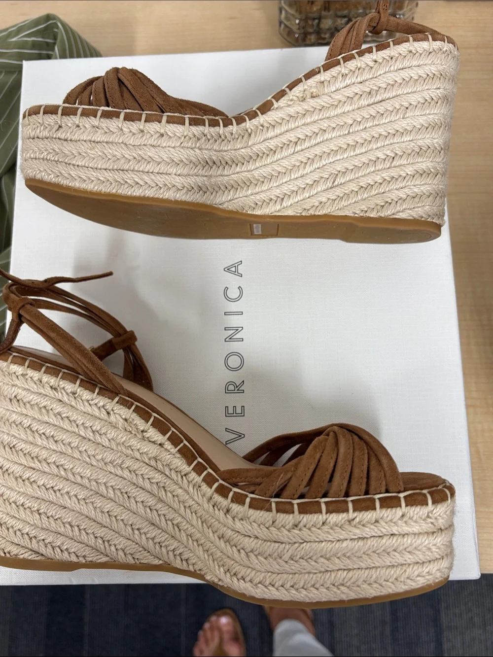 NIB - Veronica Beard Tan Suede Espadrille Wedge Sandals with Lace-Up Ties